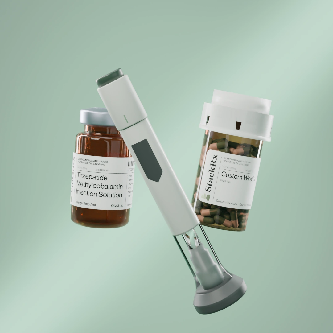 An unbranded injection pen, shown for illustration, with StackRx Custom Weight Capsules and Tirzepatide + Methylcobalamin Injection Solution, floating together on a eucalyptus green background